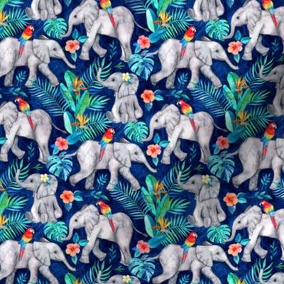 Elephants and Parrots in Indigo Blue - tiny