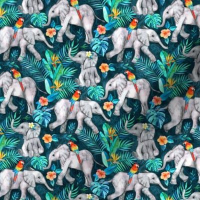 Elephants and Parrots in Emerald Green - tiny