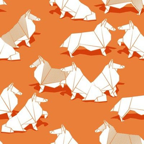 Small scale // Origami Collie friends // orange background white paper dogs