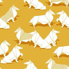 Small scale // Origami Collie friends // goldenrod yellow background white paper dogs