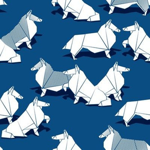 Small scale // Origami Collie friends // classic blue pantone color background white paper dogs