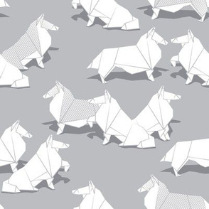 Small scale // Origami Collie friends // grey background white paper dogs