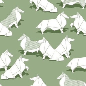 Small scale // Origami Collie friends // sage green background white paper dogs