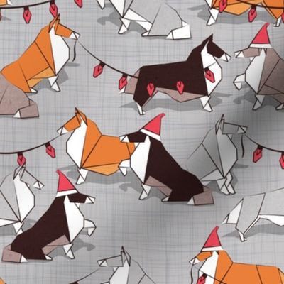 Small scale // Origami Christmas Collie friends // grey linen texture background white orange & brown paper and cardboard dogs red ornaments
