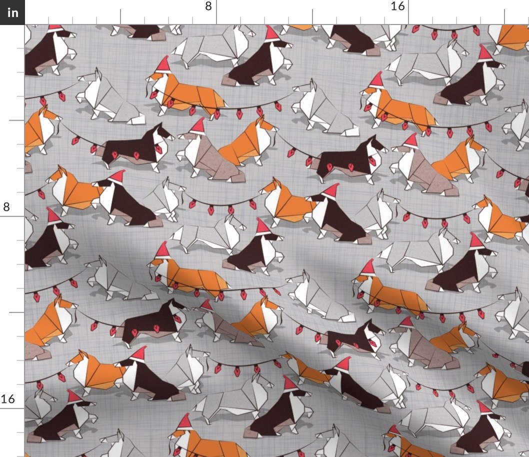 Small scale // Origami Christmas Collie friends // grey linen texture background white orange & brown paper and cardboard dogs red ornaments