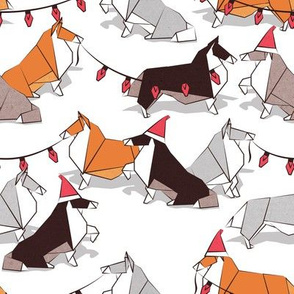 Small scale // Origami Christmas Collie friends // white background white orange & brown paper and cardboard dogs red ornaments
