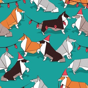 Small scale // Origami Christmas Collie friends // turquoise green background white orange & brown paper and cardboard dogs red ornaments