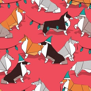 Small scale // Origami Christmas Collie friends // red background white orange & brown paper and cardboard dogs turquoise green ornaments