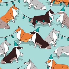 Small scale // Origami Christmas Collie friends // aqua background white orange & brown paper and cardboard dogs turquoise green ornaments