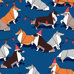 Small scale // Origami Christmas Collie friends // classic blue pantone color background white orange & brown paper and cardboard dogs red ornaments