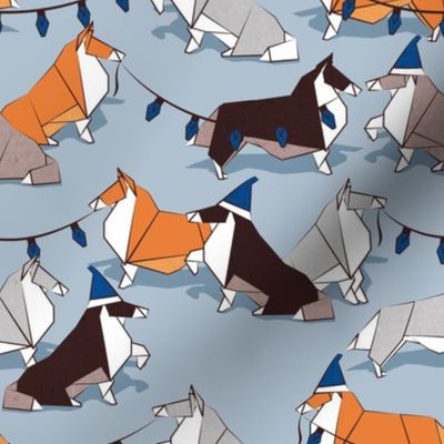 Small scale // Origami Christmas Collie friends // pastel blue background white orange & brown paper and cardboard dogs classic blue pantone color ornaments