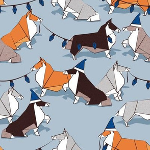 Small scale // Origami Christmas Collie friends // pastel blue background white orange & brown paper and cardboard dogs classic blue pantone color ornaments