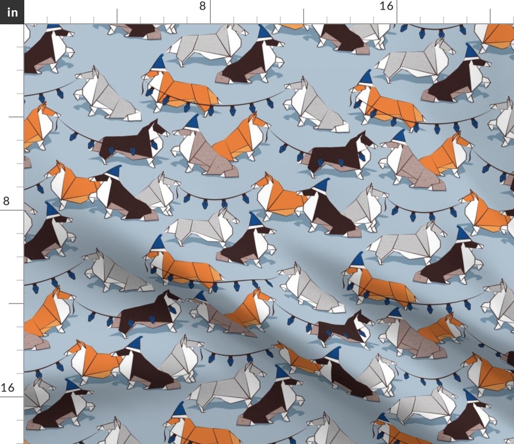 Small scale // Origami Christmas Collie friends // pastel blue background white orange & brown paper and cardboard dogs classic blue pantone color ornaments