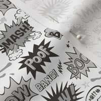 Superhero Comic Pop art Speech Bubbles Words Black & White Grey Smaller 2 inch