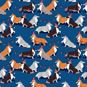 Tiny scale // Origami Christmas Collie friends // classic blue pantone color background white orange & brown paper and cardboard dogs red ornaments
