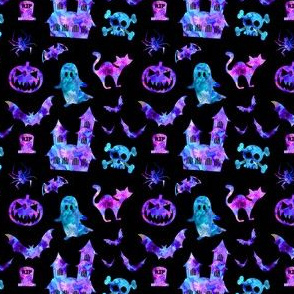 Smaller Scale - Watercolor Halloween Icons in Black + Rainbow Candy