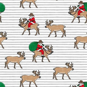 Cowboy Santa - Santa Claus riding reindeer Christmas Holiday - grey stripes - LAD20