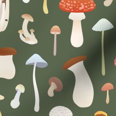 Dreamy Mushrooms Pattern in Olive, Medium Scale