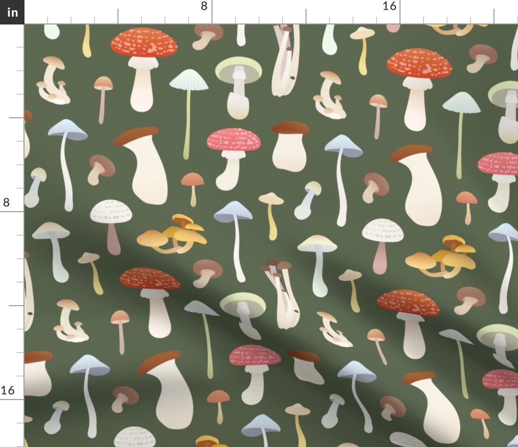 Dreamy Mushrooms Pattern in Olive, Medium Scale