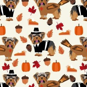 yorkie thanksgiving fabric - cute yorkshire terrier design - cream