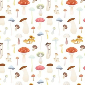 Dreamy Mushrooms Pattern in White, Small Scale
