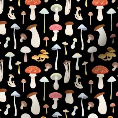 Dreamy Mushrooms Pattern in Black, Small Scale