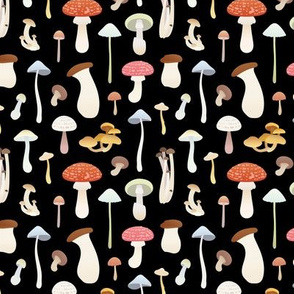 Dreamy Mushrooms Pattern in Black, Small Scale