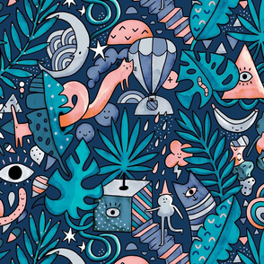 Big scale Surrealistic tropical forest with cats, eyes and wizard. Tropical surrealism doodles pattern.