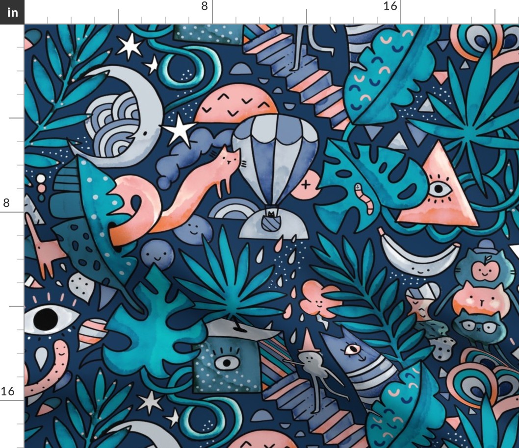 Big scale Surrealistic tropical forest with cats, eyes and wizard. Tropical surrealism doodles pattern.