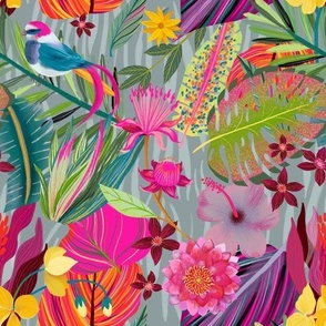 Tropical Birds, Leaves and Flowers