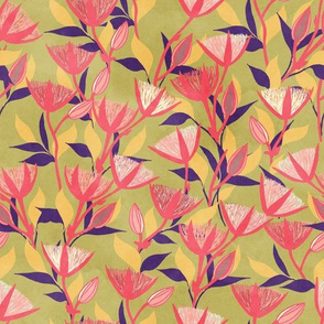 Gum Blossom / pink yellow purple / khaki background / 1715