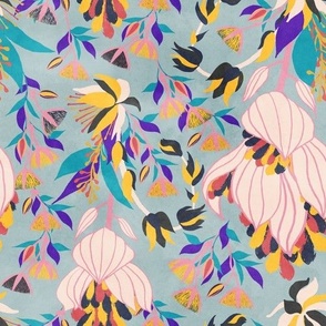 Tropical Bloom / big florals/ blue background