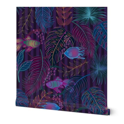 Neon Fish in the Jungle - surreal tropical fish and leaves on purple stripes
