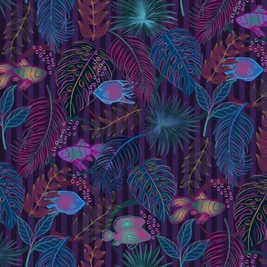 Neon Fish in the Jungle - surreal tropical fish and leaves on purple stripes