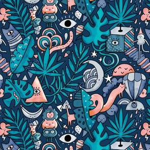 Small scale Surrealistic tropical forest with cats, eyes and wizard. Tropical surrealism doodles pattern.