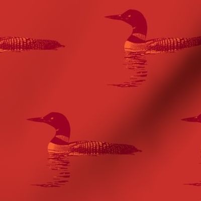 Loon silhouette - sunset dark red on ruby red