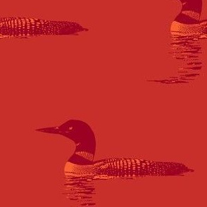 Loon silhouette - sunset dark red on ruby red