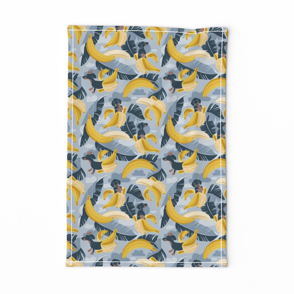 Small scale // Surrealistic tropical Dachshund bananas // pastel blue background navy blue dogs and banana fruit leaves