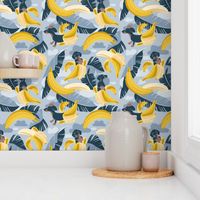 Small scale // Surrealistic tropical Dachshund bananas // pastel blue background navy blue dogs and banana fruit leaves