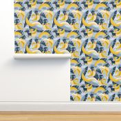 Small scale // Surrealistic tropical Dachshund bananas // pastel blue background navy blue dogs and banana fruit leaves