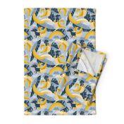 Small scale // Surrealistic tropical Dachshund bananas // pastel blue background navy blue dogs and banana fruit leaves