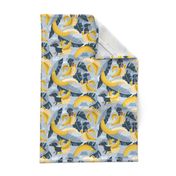 Small scale // Surrealistic tropical Dachshund bananas // pastel blue background navy blue dogs and banana fruit leaves