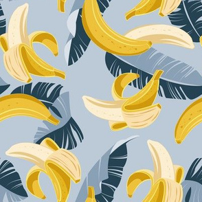 Small scale // In the shade of banana trees // pastel blue background dark pastel and navy blue leaves