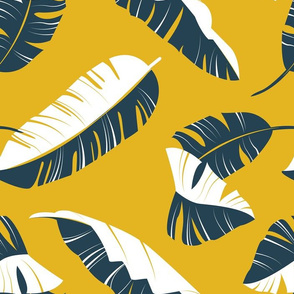 Normal scale // In the shade of banana leaves // goldenrod yellow background white and navy blue leaves