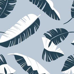 Normal scale // In the shade of banana leaves // pastel blue background white and navy blue leaves