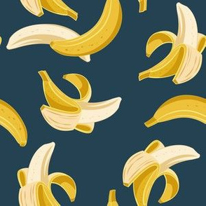 Small scale // Flying bananas // navy blue background yellow fruit