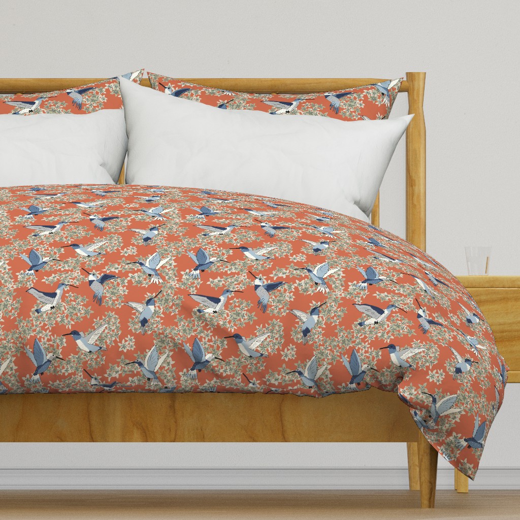 Hummingbird Floral Orange-Red and Blue