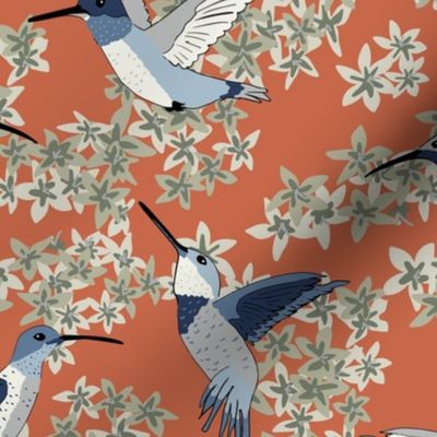 Hummingbird Floral Orange-Red and Blue