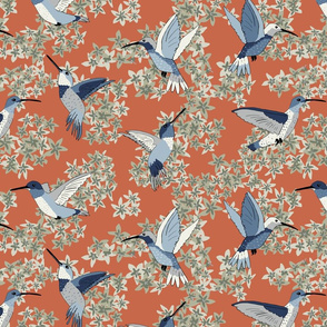 Hummingbird Floral Orange-Red and Blue