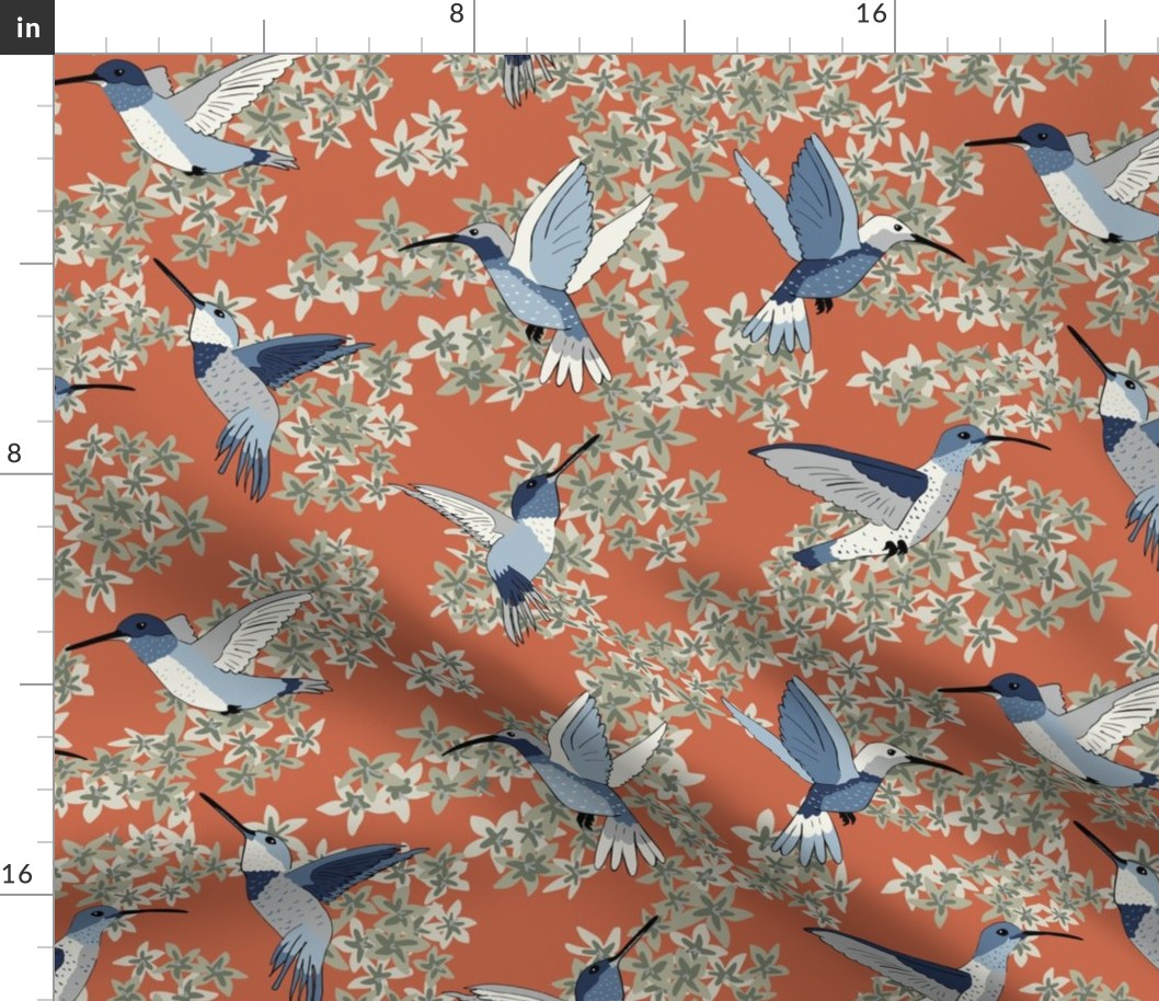 Hummingbird Floral Orange-Red and Blue